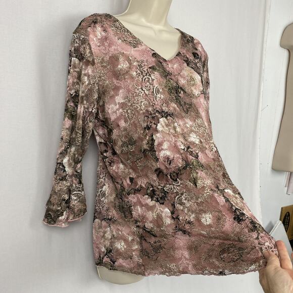 Dressbarn Top 1X Pink Floral Lace Bell Sleeve Sheer Layers Fairy Grunge Vtg Y2K - Picture 5 of 14